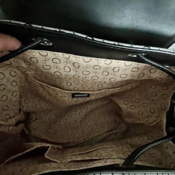 GUESS Black and Grey Faux Leather Signature Logo Casual Drawstring Backpack Bag - Picture 9 of 13